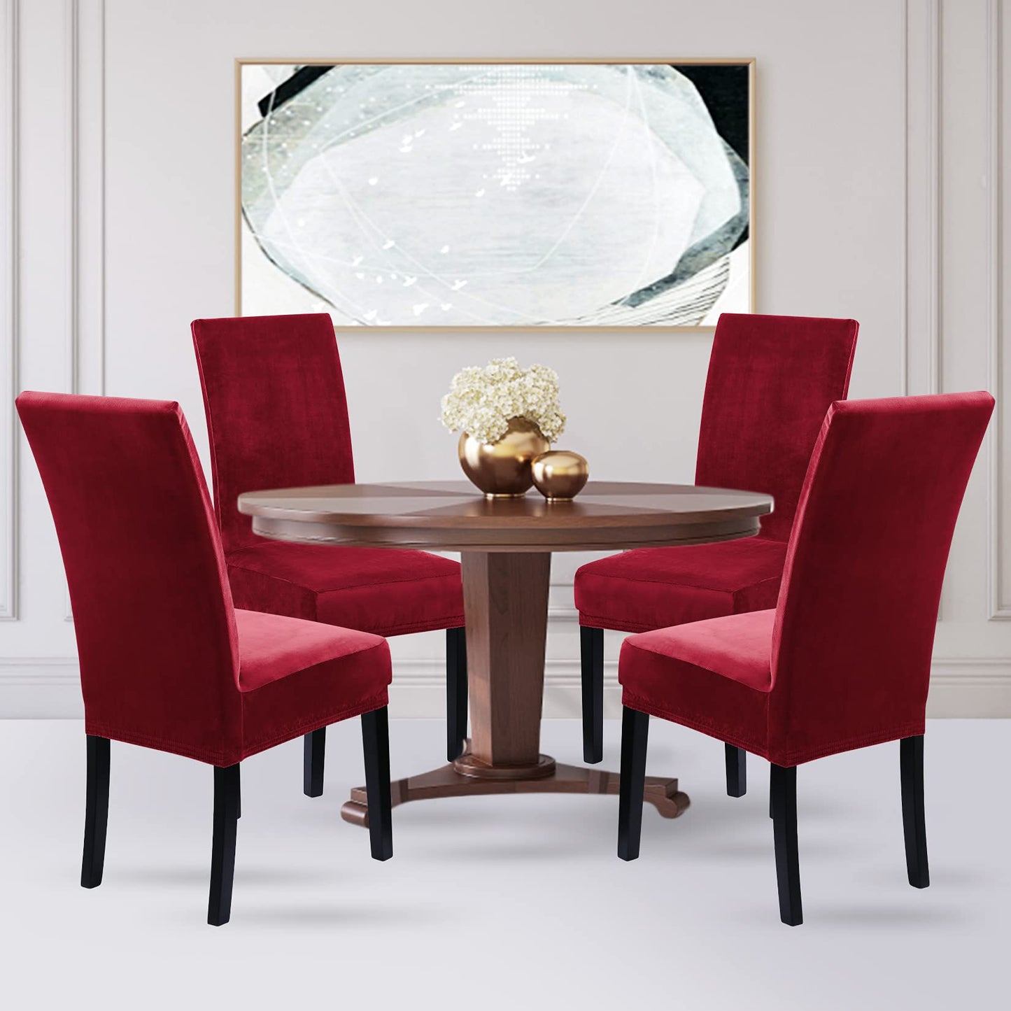 LinTimes Velvet Dining Chair Covers Stretch Chair Covers for Dining Room Velvet Chair Protection Covers Slipcover for Hotel Ceremony, Thick, Soft, Modern Style, 4-Pack Peacock Burgundy