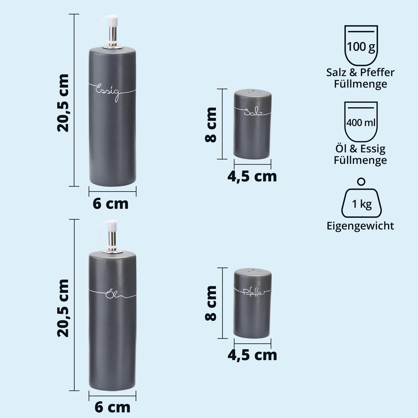 KHG Menage Set, ceramic stoneware polished, anthracite grey with wooden holder for oil, vinegar, salt & pepper for the table with labeling | 5-piece oil & spice storage with protective lid.