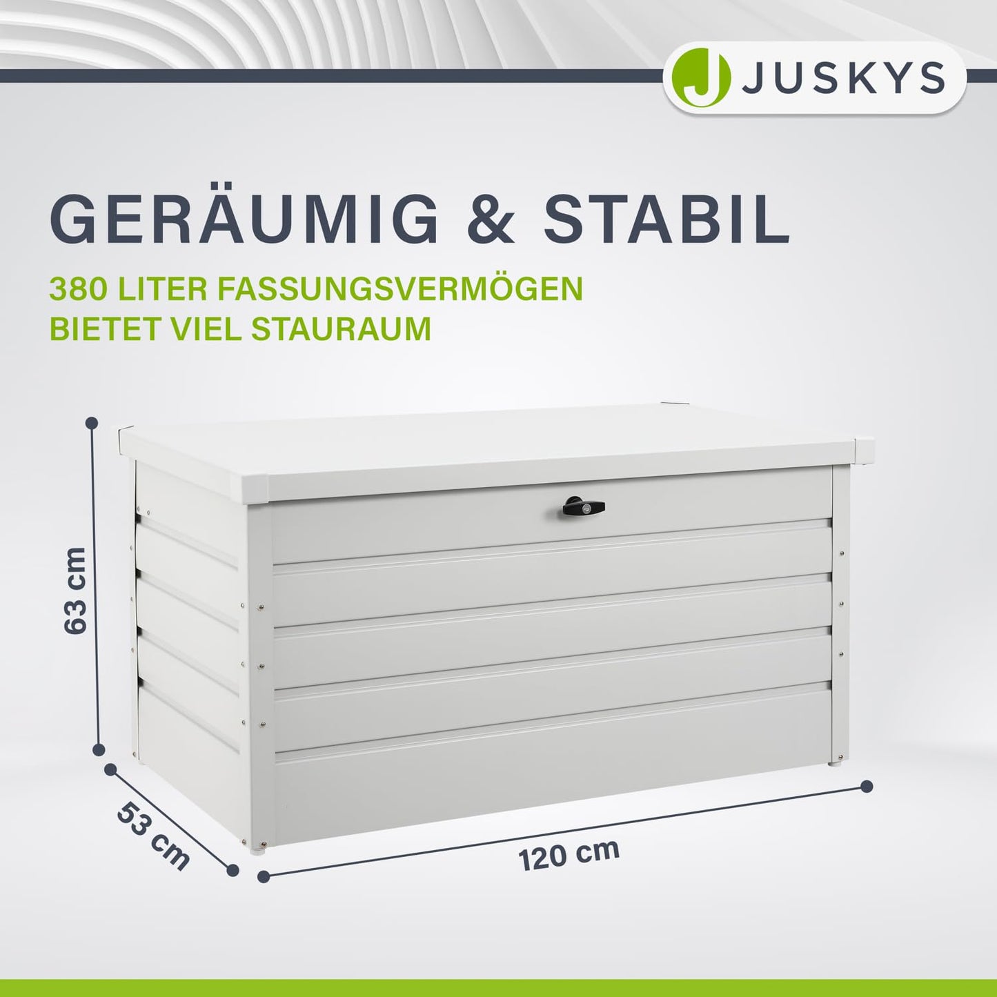 Juskys Metal Storage Box Limani 380 liters - Outdoor Box - waterproof, lockable - white garden box, cushion box for garden.