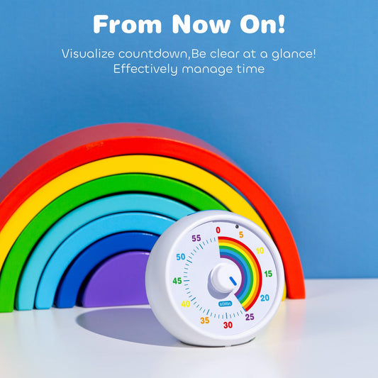 Visual timer for kids, 60-minute countdown for classroom office kitchen, desktop children time management tools with quiet operation, Pomodoro timer rainbow pattern (white)
