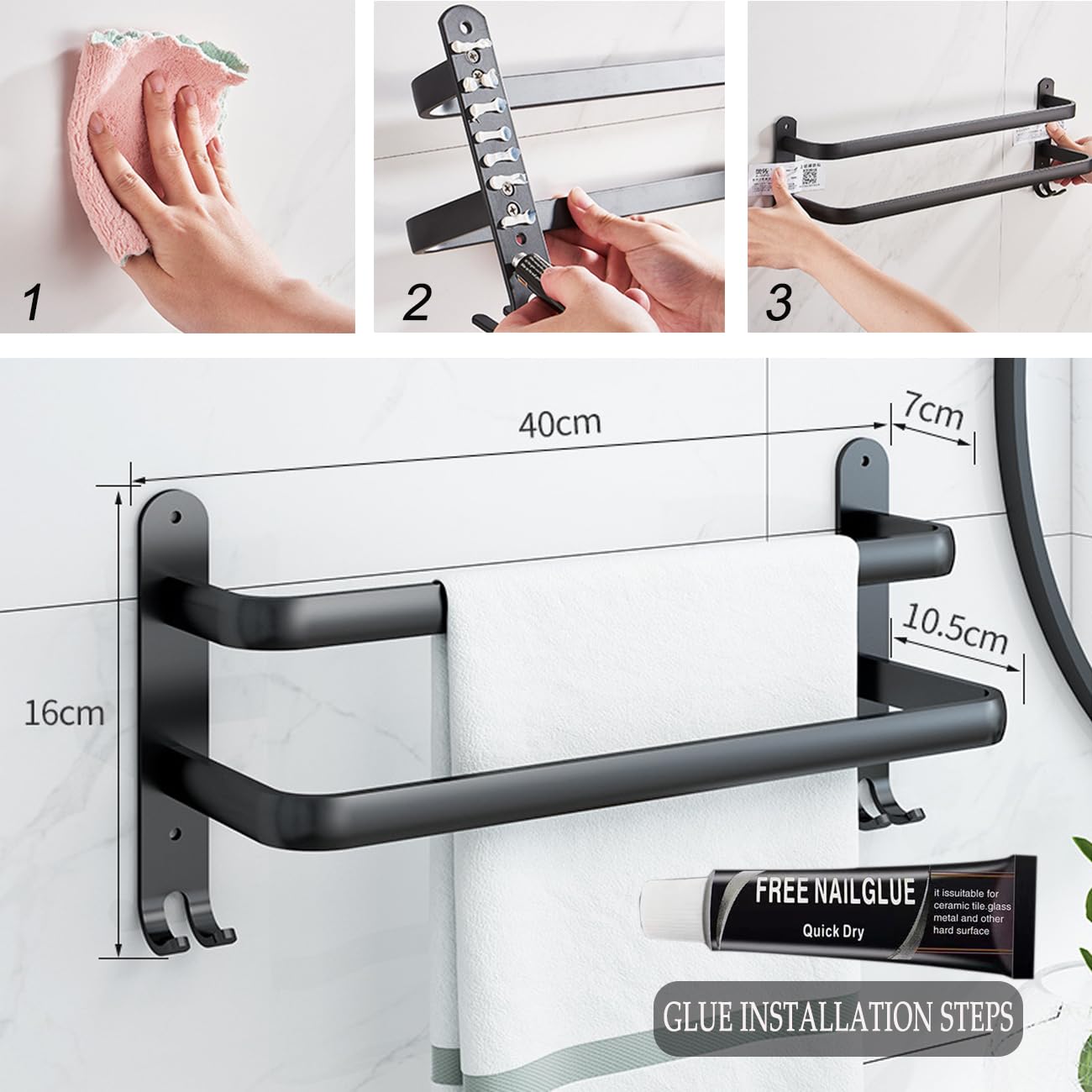 Bathroom towel holder, black matte towel rack with towel rods and hook design, wall-mounted towel holder, no drilling required (40cm, two bars)
