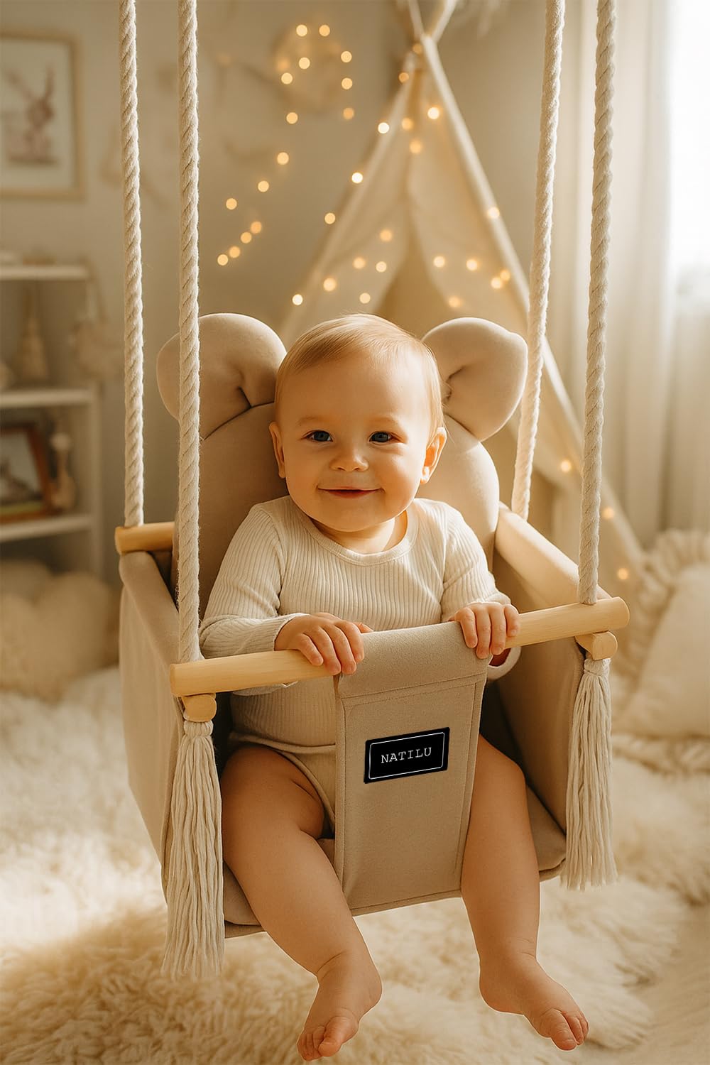 NATILU® Baby Swing Set Indoor Outdoor | Bear Light Beige Velvet | Baby Swing | Baby swing Indoor | Wooden Kids Swing | Wooden Swing for Children | Swings for door frames