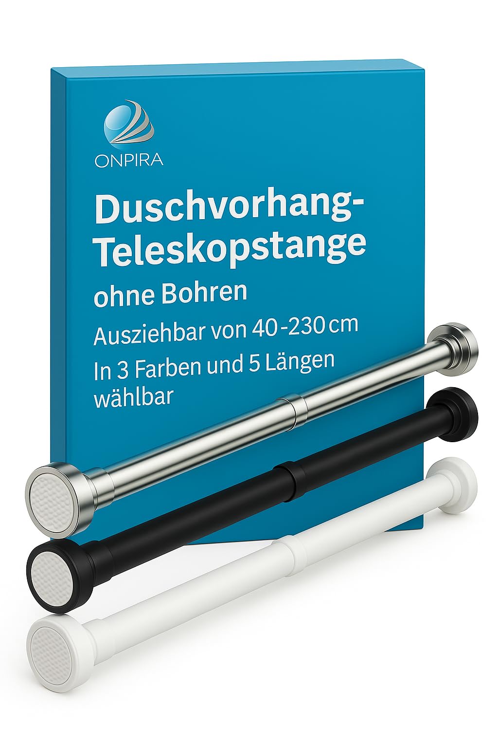 Onpira® telescopic shower curtain rod, adjustable without drilling - available in 5 lengths (40-240cm) & 3 colors - stainless steel telescopic rod for bathroom & shower, White or Black (95-150cm, Black)