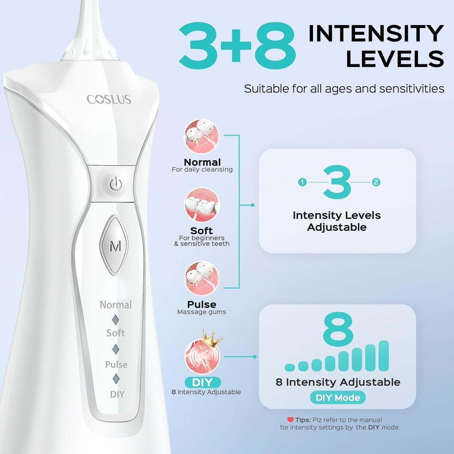 COSLUS Cordless Water Flosser Electric Tooth Cleaner: 4 Modes Portable Mouth Shower 300ml Water Tank Dental Flosser Winner Easy To Use Tongue Cleaner for Dental Care Travel White