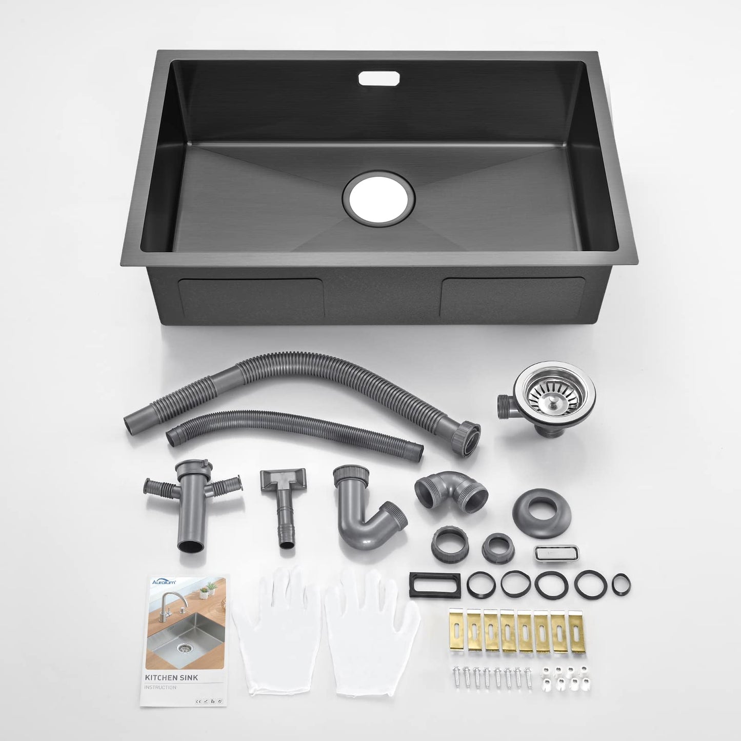 Kitchen sink, 1 basin, 70 x 44 cm, Auralum stainless steel sink with drain and plug, washbasin, for kitchen installation, with floral or undermount design, black sink