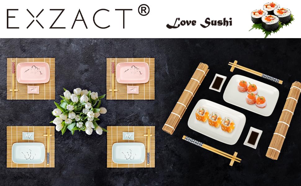 Exact EX-SG 10 Piece Sushi Set - 2 x Sushi Plates, 2 x Dip Bowls, 2 x Bamboo Sushi Rolling Mats, 2 x Bamboo Chopstick Rests, 2 Chopstick Sets - Beautifully presented in a gift box.