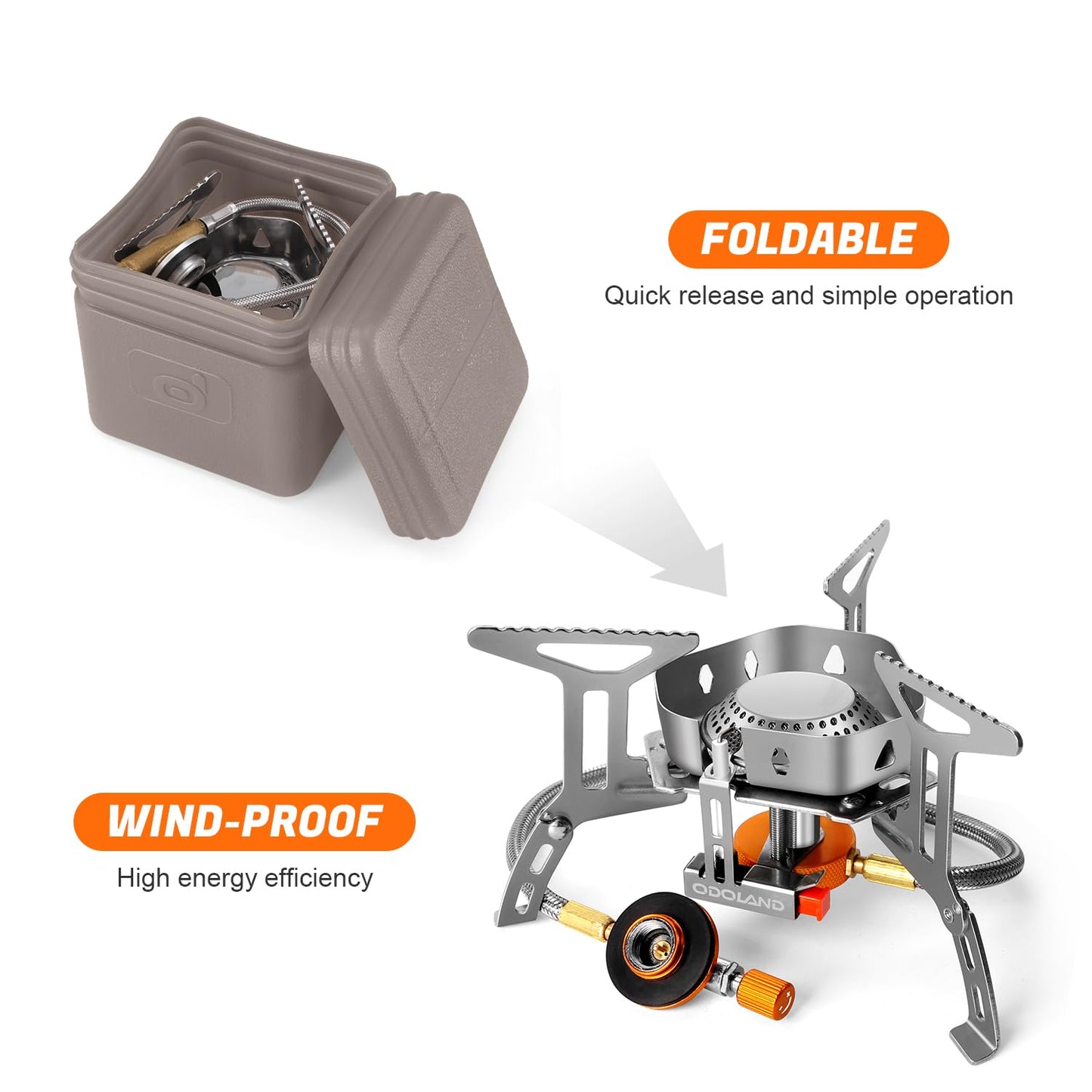Odoland Camping Stove 3500W Gas Stove with Piezo Ignition, Windproof Gas Camping Stove for all Screw Cartridge Gas Burner, with Adapter Foldable Camping Stove Gray