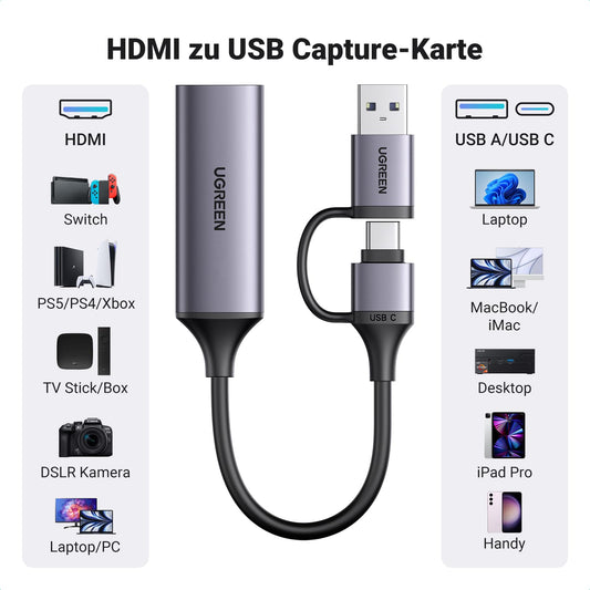 UGREEN Video Capture Card, 4K HDMI to USB C/A Capture Card, 1080P Video Grabber for gaming, recording, livestreaming, compatible with Switch, PS5, Xbox, TV Stick, camera, laptop, iPad, Mac, iPhone, Mac mini 4