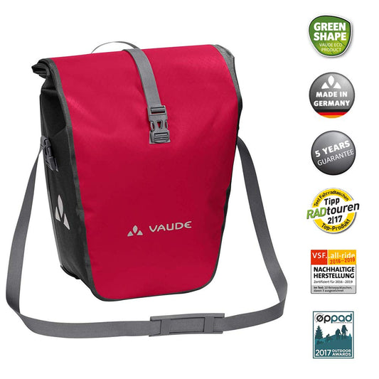 VAUDE bike bags for luggage rack Aqua Back 2x24L in Indian red, 2 x rear bags waterproof, bicycle rear rack bag, easy attachment - Made in Germany.