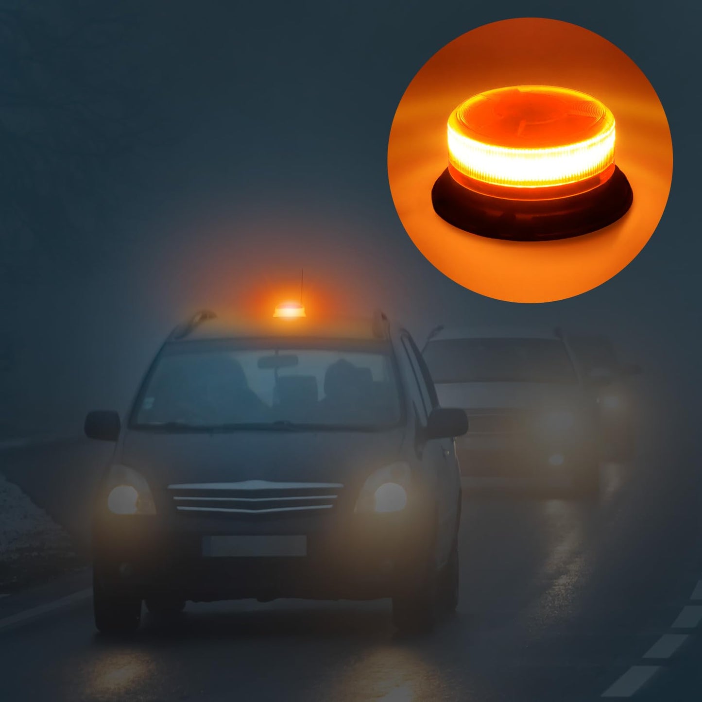 AnTom LED warning light with rechargeable battery, 9 flash patterns, 12V/24V, yellow, magnetic mount, includes car charger and USB cable, for cars, trucks, tractors, golf carts, and SUVs.