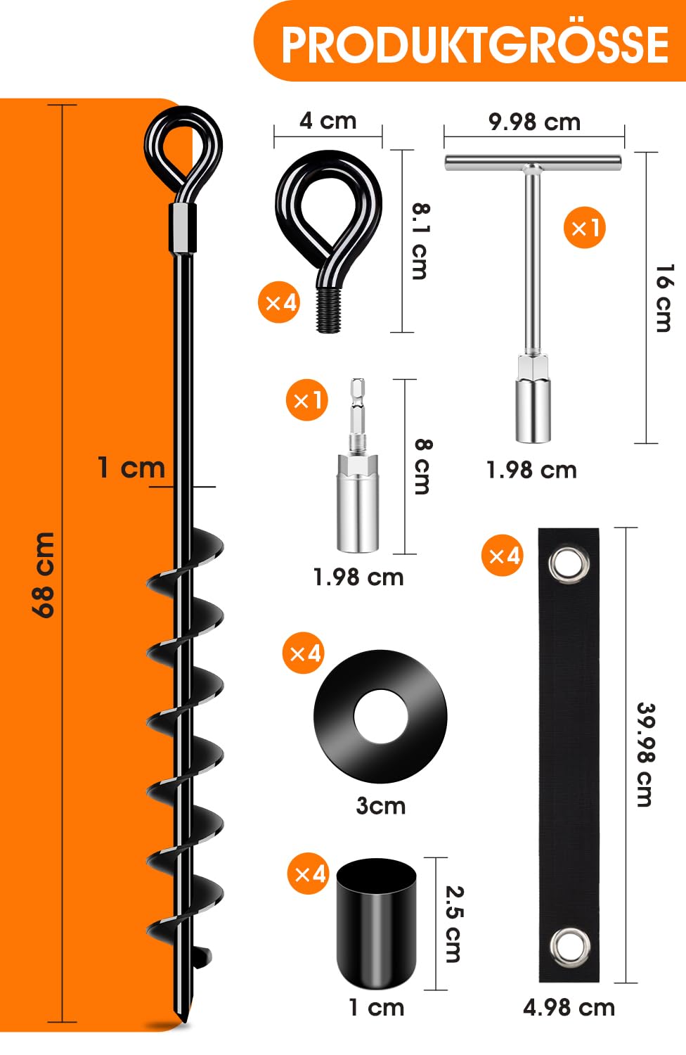 Heavy-duty ground anchor 27 inches, sturdy fully screwed earth anchor with straps for securing trampolines, awnings, swings etc.