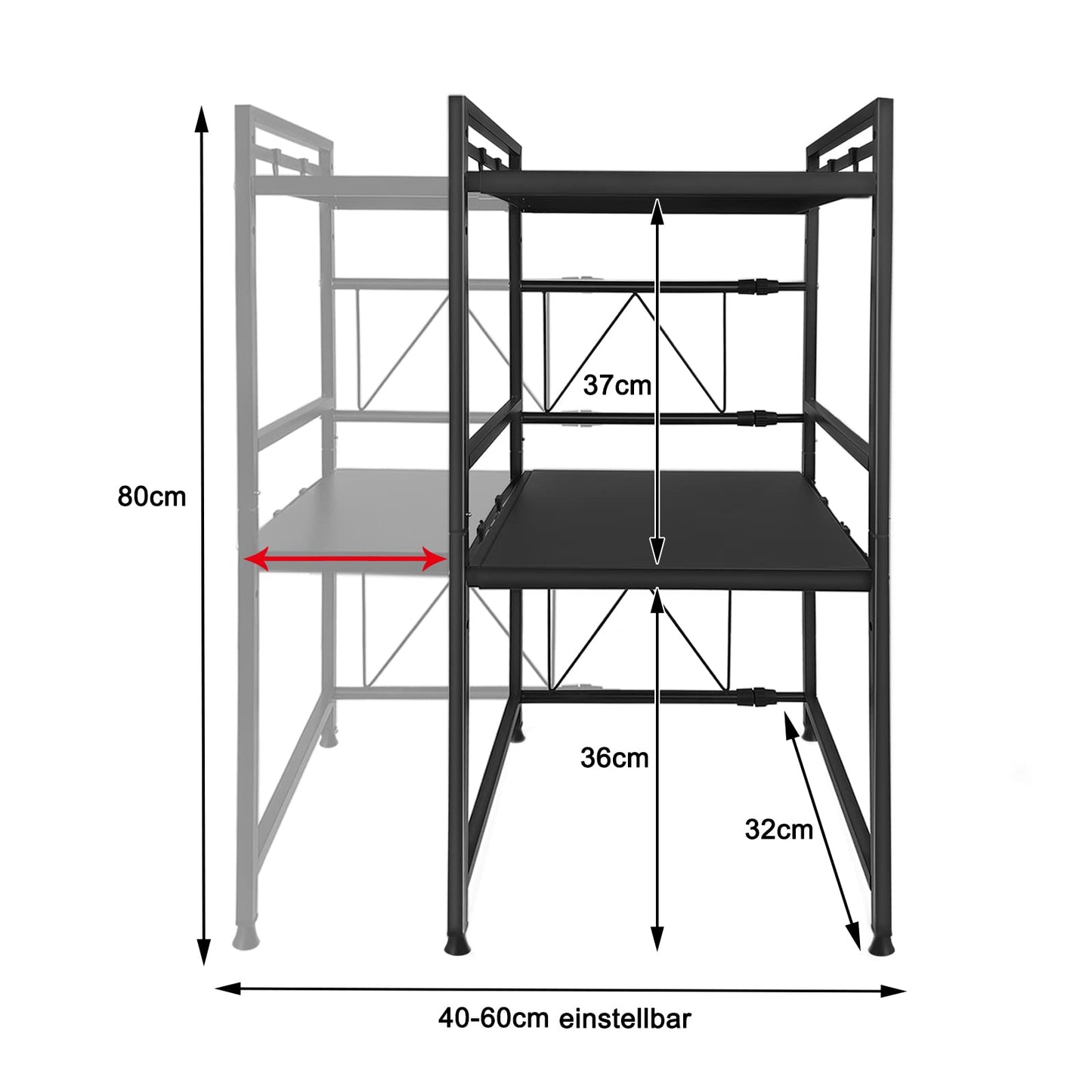 Expandable microwave shelf with 8 hooks, 3-tier microwave stand rack microwave holder baker shelf organizer for kitchen countertops, Black