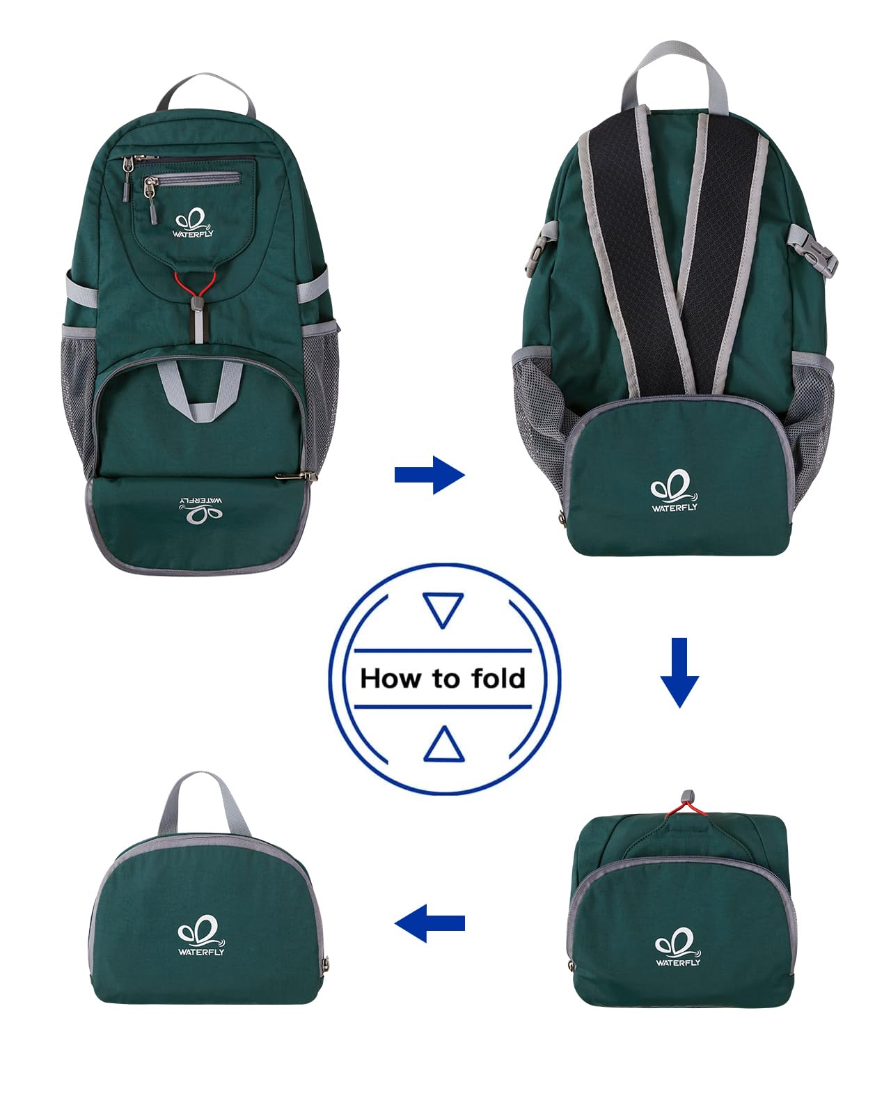 WATERFLY Ultralight Foldable Small Backpack: 20L Lightweight Packable Hiking Daypack Trekking Backpack Outdoor Athletic Backpack Travel Daypack for Men Women (Dark Green)