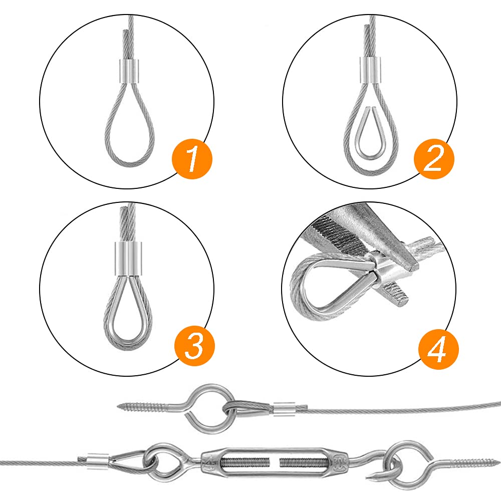 304 stainless steel wire rope set, wire rope suspension, tensioner with wire rope PVC coated, outdoor lights hanging, clothesline, stair railing, trellises and climbing aids (50m)