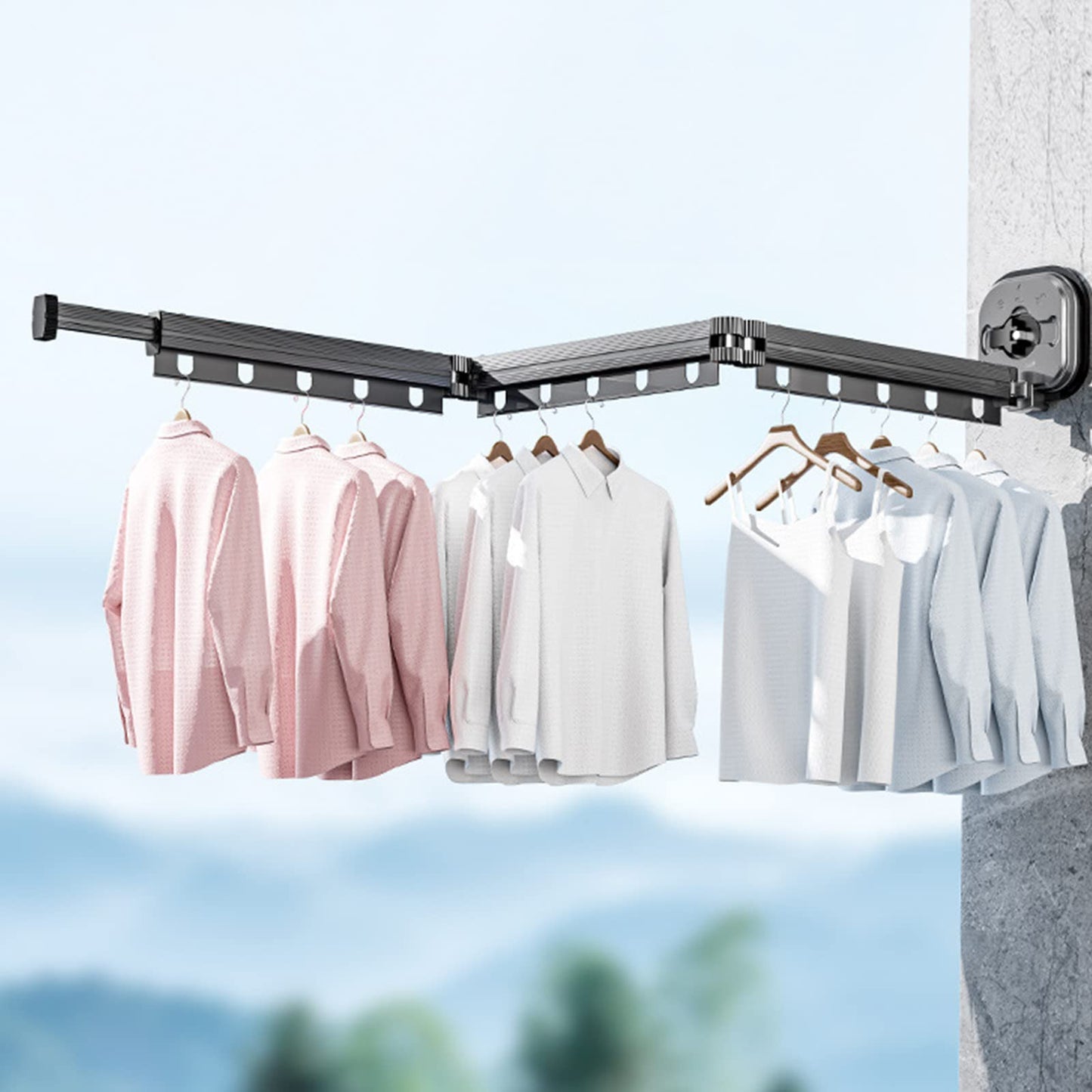 Clothesline, Retractable Wall Mounted Garment Rack with Suction Cup, Foldable Collapsible Clothes Rail with Hooks & Towel Holder Balcony, Laundry, Bathroom, Bedroom (Dark Gray 3-tier)
