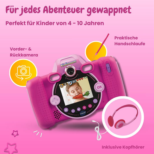 VTech KidiZoom Duo FX in Pink - Robust digital camera with creative apps and game functions - For children aged 4-10 years.