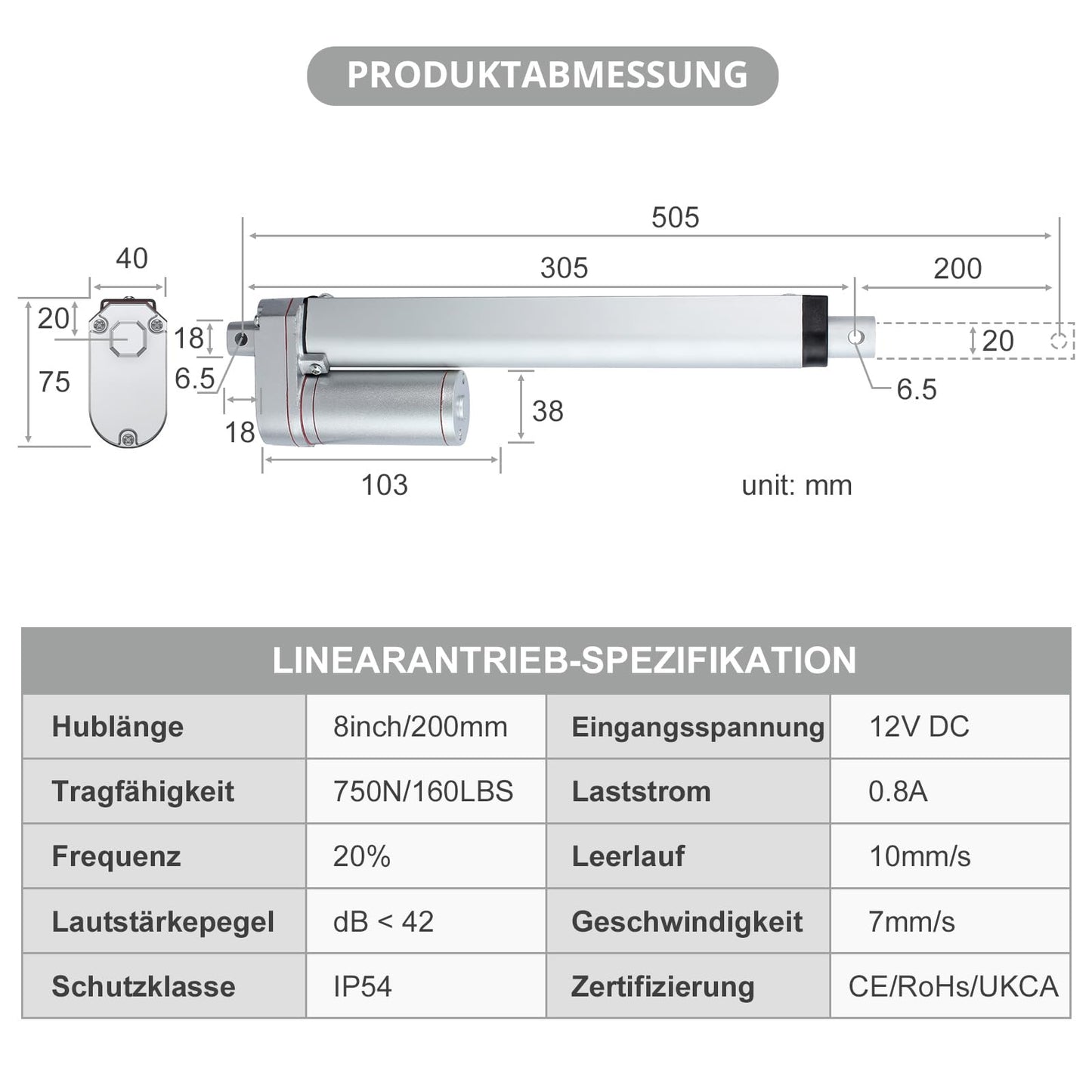 Justech Linear Actuator Motor Linear Drive Linear Motor Adjustment Drive Gate Opener 12v DC 750N 200mm