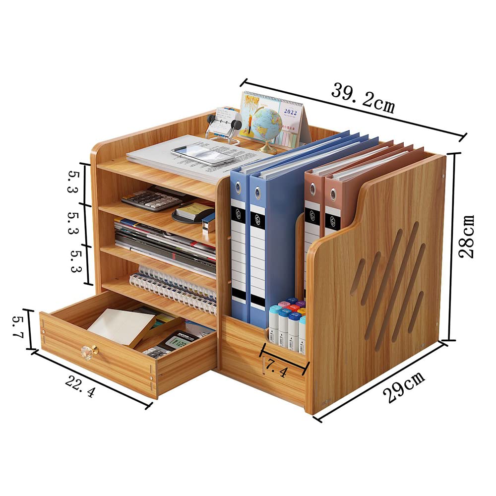 NUODWELL Wooden Desk Organizer, large capacity, Desk File Organizer, office supplies, file shelf for A4 papers, pens, books, letters, and documents (JB07-3 Cherry Wood)