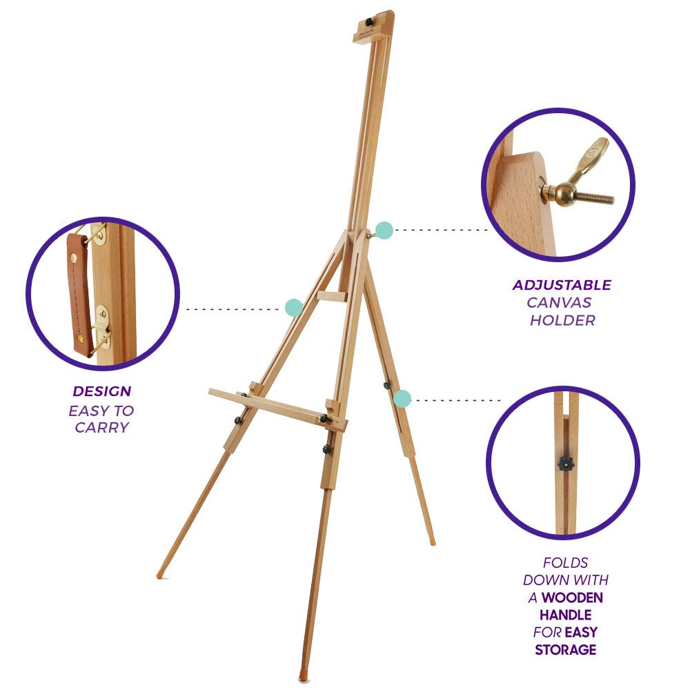 Mont Marte Heavy Duty Tripod Easel, foldable, adjustable artist easel made of beech wood for painting, for canvases up to 120cm.