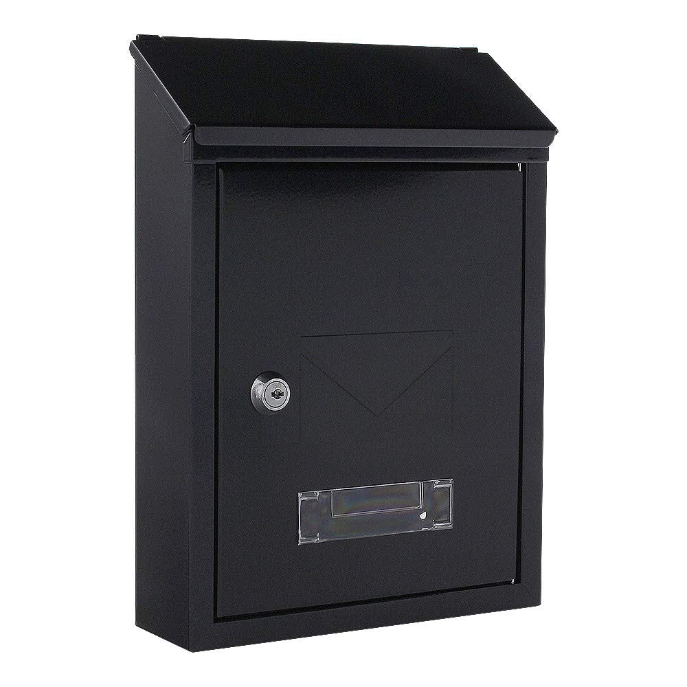 Profirst Mail PM 400 mailbox in black-grey steel with cylinder lock, 2 keys, viewing window, name tag holder, dual entry, and mounting material included.