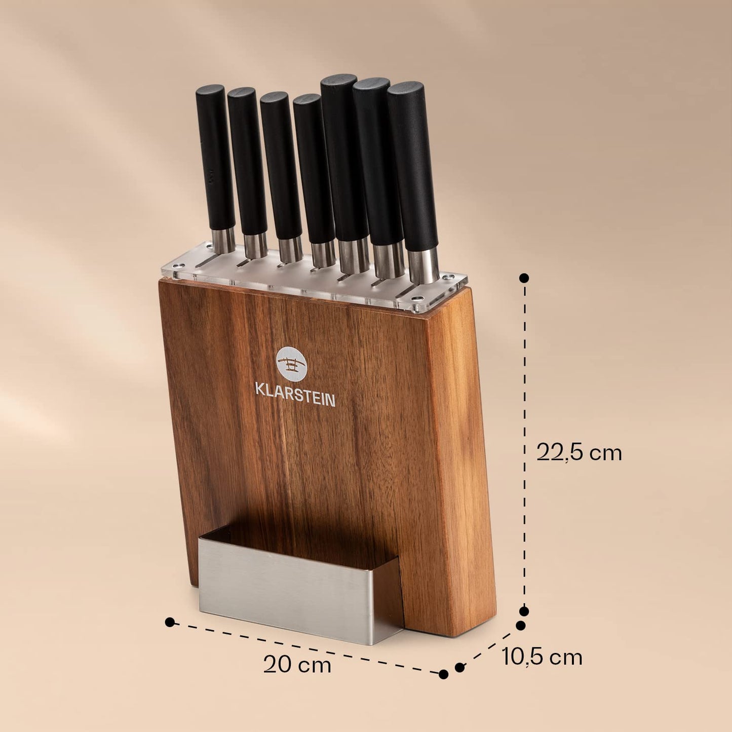 Klarstein knife block with 7-piece set, 7 kitchen knives & wooden block, sharp steel, scratch-resistant, Japanese-inspired knife set with block for professional chefs.