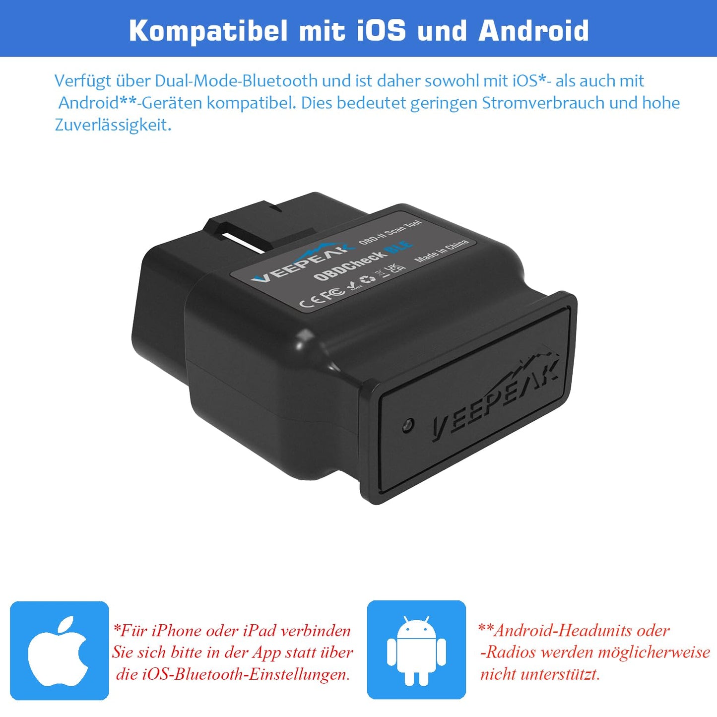 Veepeak OBDCheck BLE Bluetooth 4.0 OBD II diagnostic tool car code reader scanner compatible with iOS and Android.