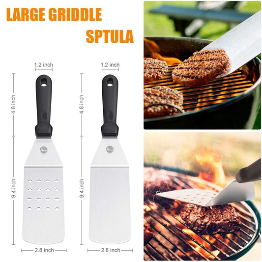 Careful Grill Spatula Set, Stainless Steel 9 Pcs Flat-Top Grill Tool Set, Professional BBQ Accessories Grill Turner with Brushes Bottles and Carry Bag, Ideal for Outdoor Grilling, Teppanyaki, and Camping