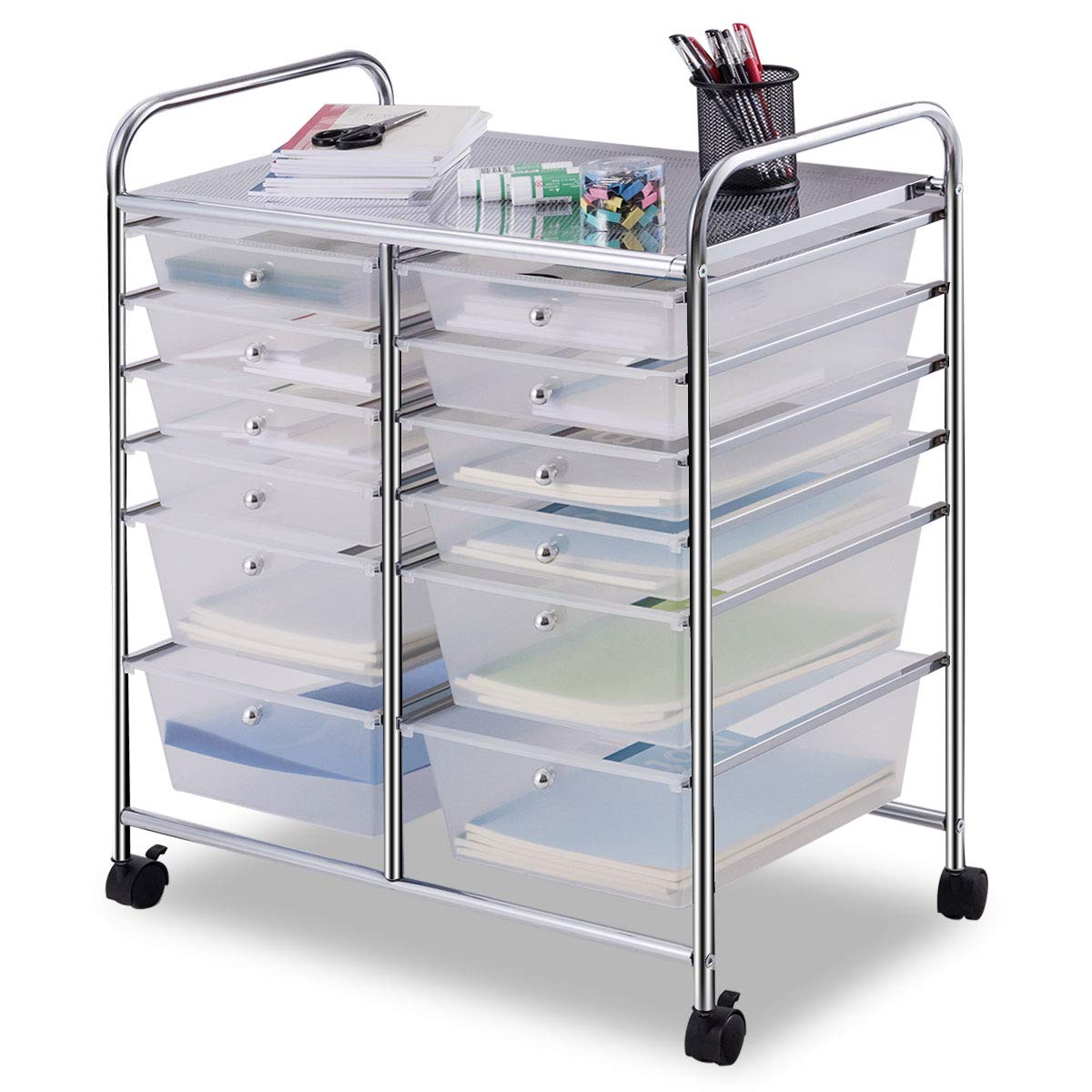 COSTWAY rolling cart with 12 stackable drawers, drawer cart with metal frame and shelf, bathroom cart storage cart for office, living room (Transparent)