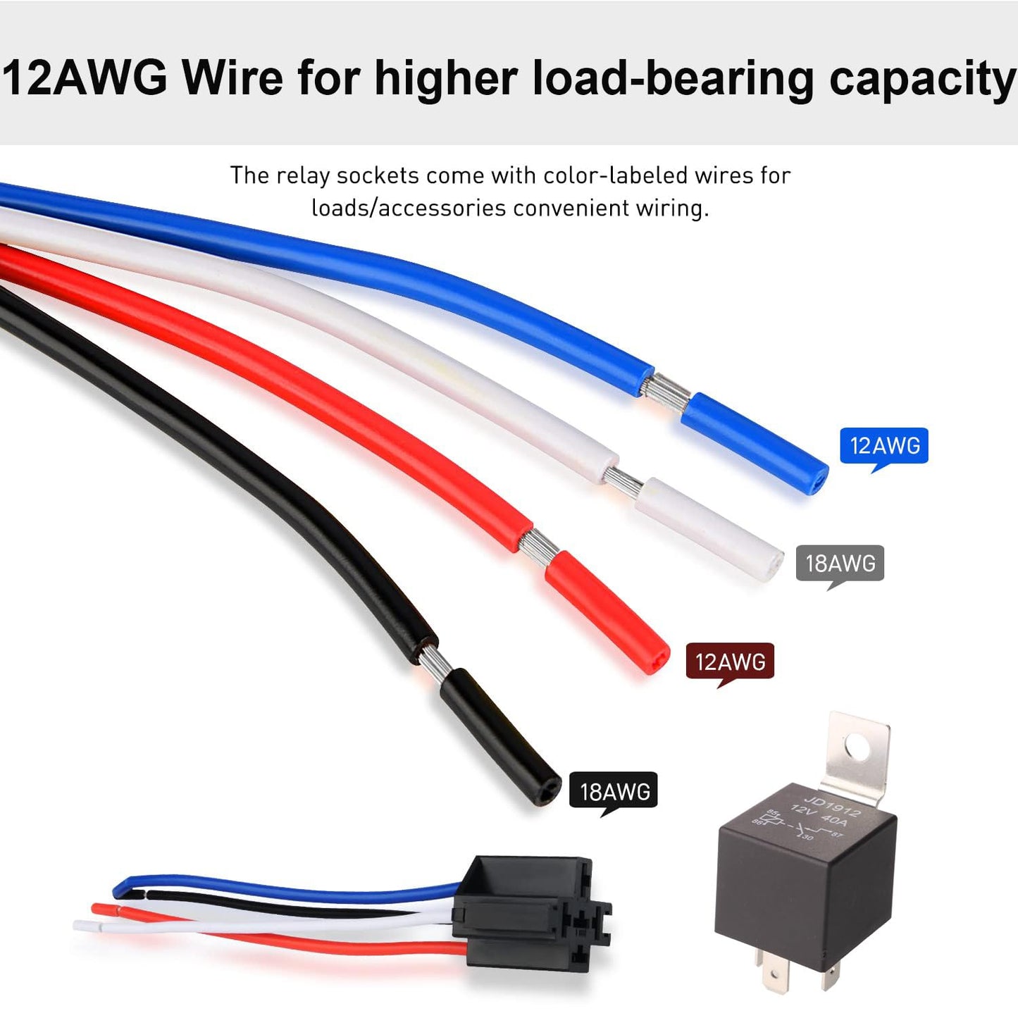 5-piece JD1912 auto relay wiring harness, 12V, 40A, 4-pole, SPST, 12 AWG, harness sockets with built-in diode for cars, trucks, vans, motorcycles, boats.