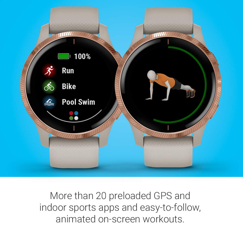 Garmin Venu - waterproof GPS fitness smartwatch with AMOLED display, training plans & animated workouts. 20 sports apps, heart rate monitoring, 5-day battery life, contactless payment, music player.