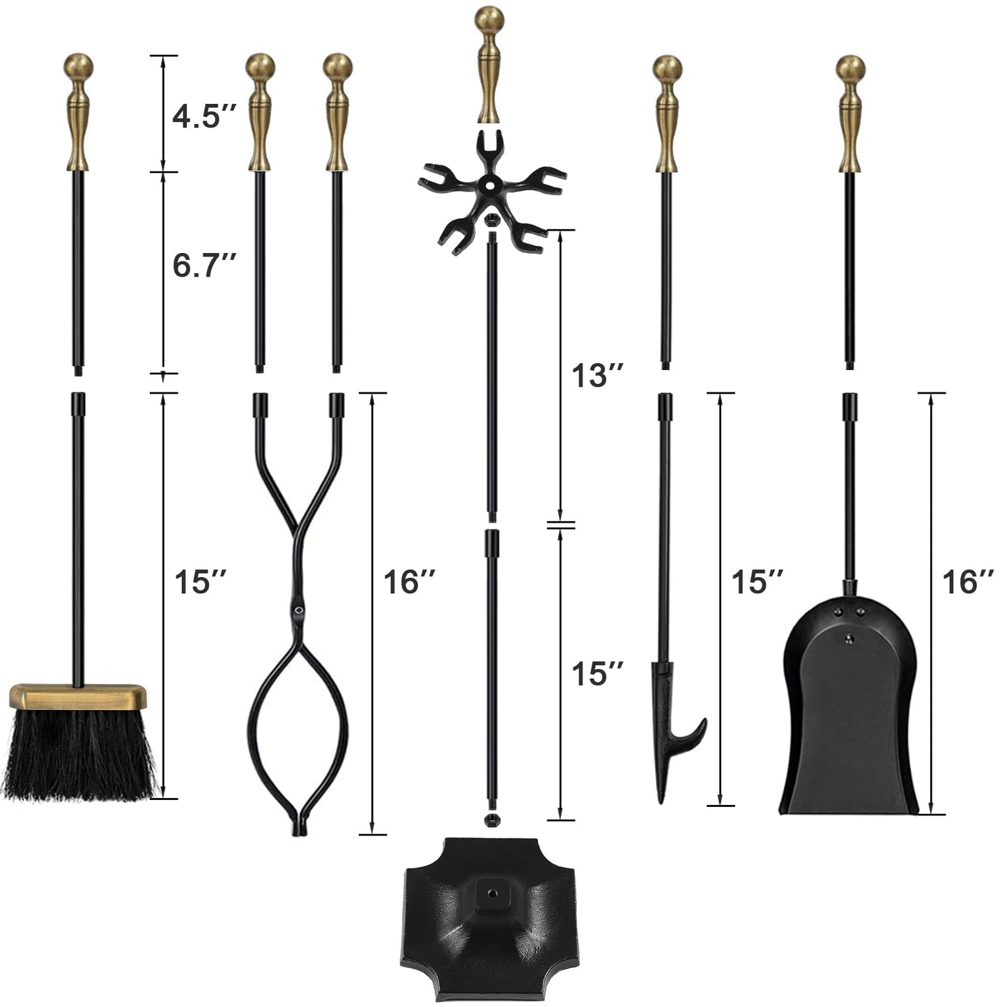 AMAGABELI 26.5" 5-piece Fireplace Tool Set with Wrought Iron and Inner Decoration Fireplace Accessories Firewood Stand Tongs Shovel Brush Poker Gold.