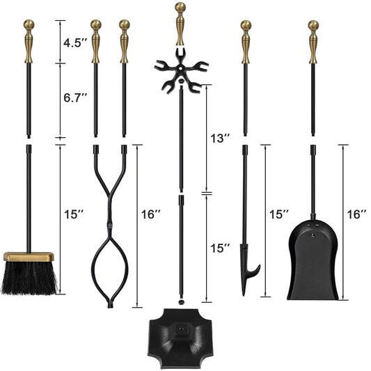 AMAGABELI 26.5" 5-piece Fireplace Tool Set with Wrought Iron and Inner Decoration Fireplace Accessories Firewood Stand Tongs Shovel Brush Poker Gold.