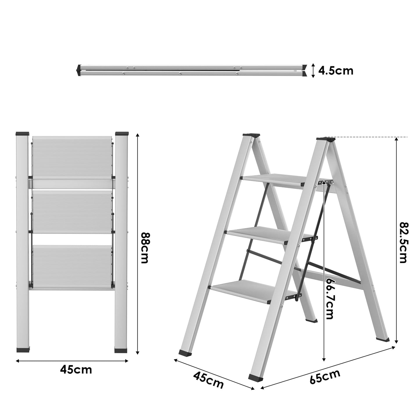 TLGREEN Aluminum Step Ladder 3-step Foldable Ladder Non-slip Standing Ladder Household Ladder Multifunctional Step Stool Easy to Store up to 150kg Load Capacity for Kitchen Household Outdoor Office Silver