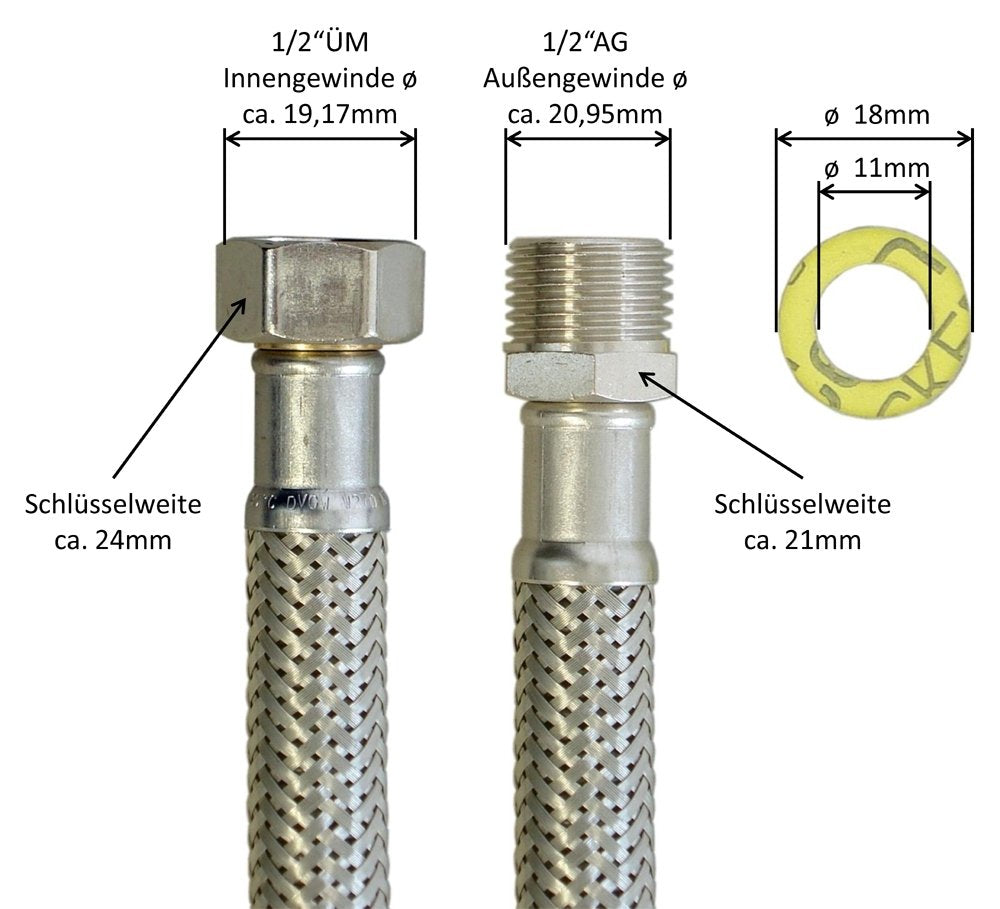 H2O-Flex® armored hose 1/2" female x 1/2" male, flexible hose DN13 for sanitary use with drinking water approval, 30cm-2m.