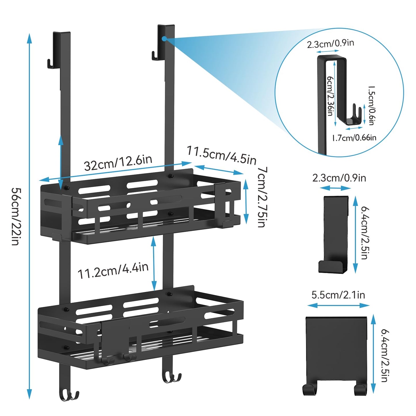 Reading tour shower shelf without drilling in black, hanging shower shelf for glass shower doors with 2 shower baskets, 4 fixed hooks, 1 glass wiper hook, and 2 movable hooks included.