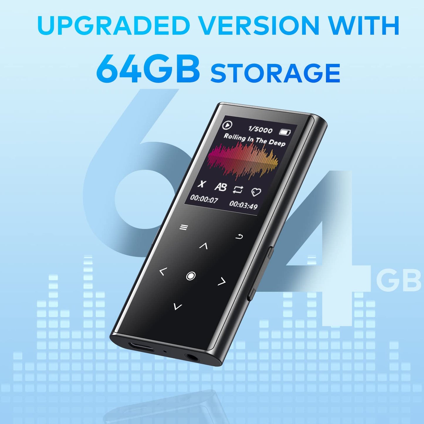 64GB MP3 player, ZOOAOXO with Bluetooth 5.2, built-in HD speaker, FM radio, voice recorder, mini design, 70g weight, HiFi sound, perfect for sports, headphones included.