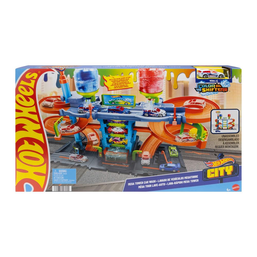 Hot Wheels City Race Track with Car Wash, color-changing feature, includes 1 toy car, suitable for kids aged 4 and up, HDP05.
