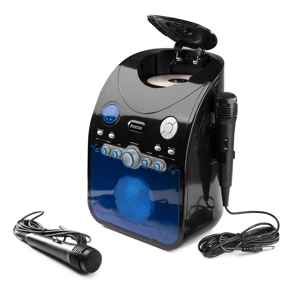 Fenton SBS20B Karaoke system with 2 microphones, CD PLUS G-player, kids karaoke machine with Bluetooth and built-in speaker, LED lighting, AV OUT, radio for kids - Black.