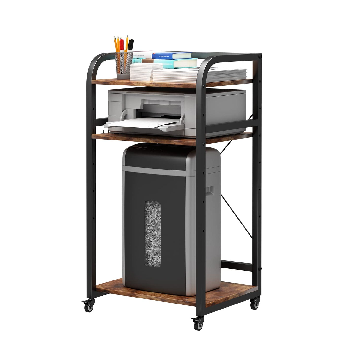 DAWNYIELD 3-tier printer stand with wheels fax shredder, computer shelf adjustable height rolling storage rack for home office with 4 hooks (Vintage)
