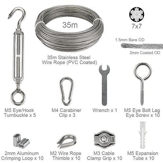 Stainless steel wire rope set with 60pcs, 35m/2mm steel rope for trellis with M5 turnbuckle, eye screw, wire rope clamps, aluminum rope clamps.