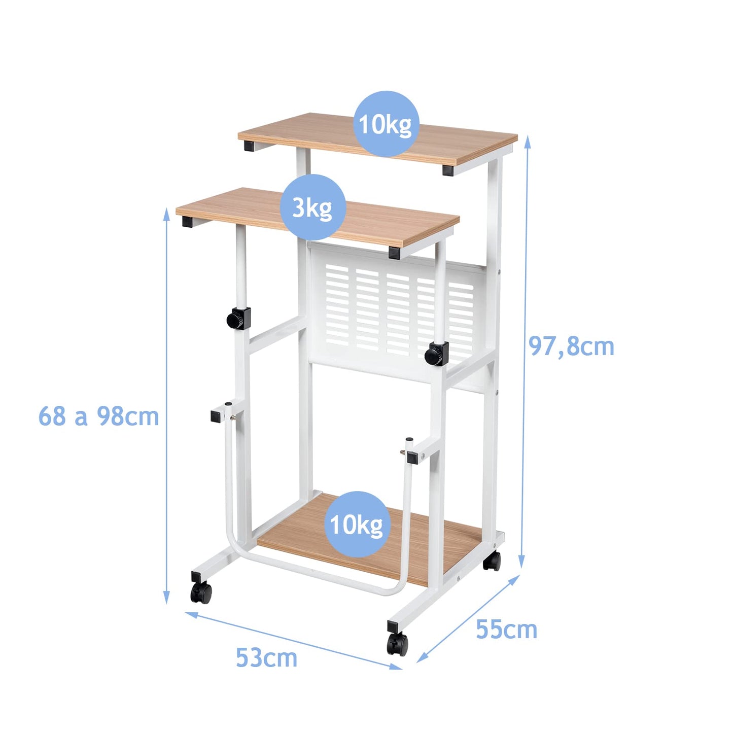 GOPLUS Laptop Table on Wheels, Standing Desk with Height-Adjustable Shelf, Space-Saving Stand-Up Computer Desk with Metal Frame, Storage Space and Footrest, Holds up to 23 kg, Natural.