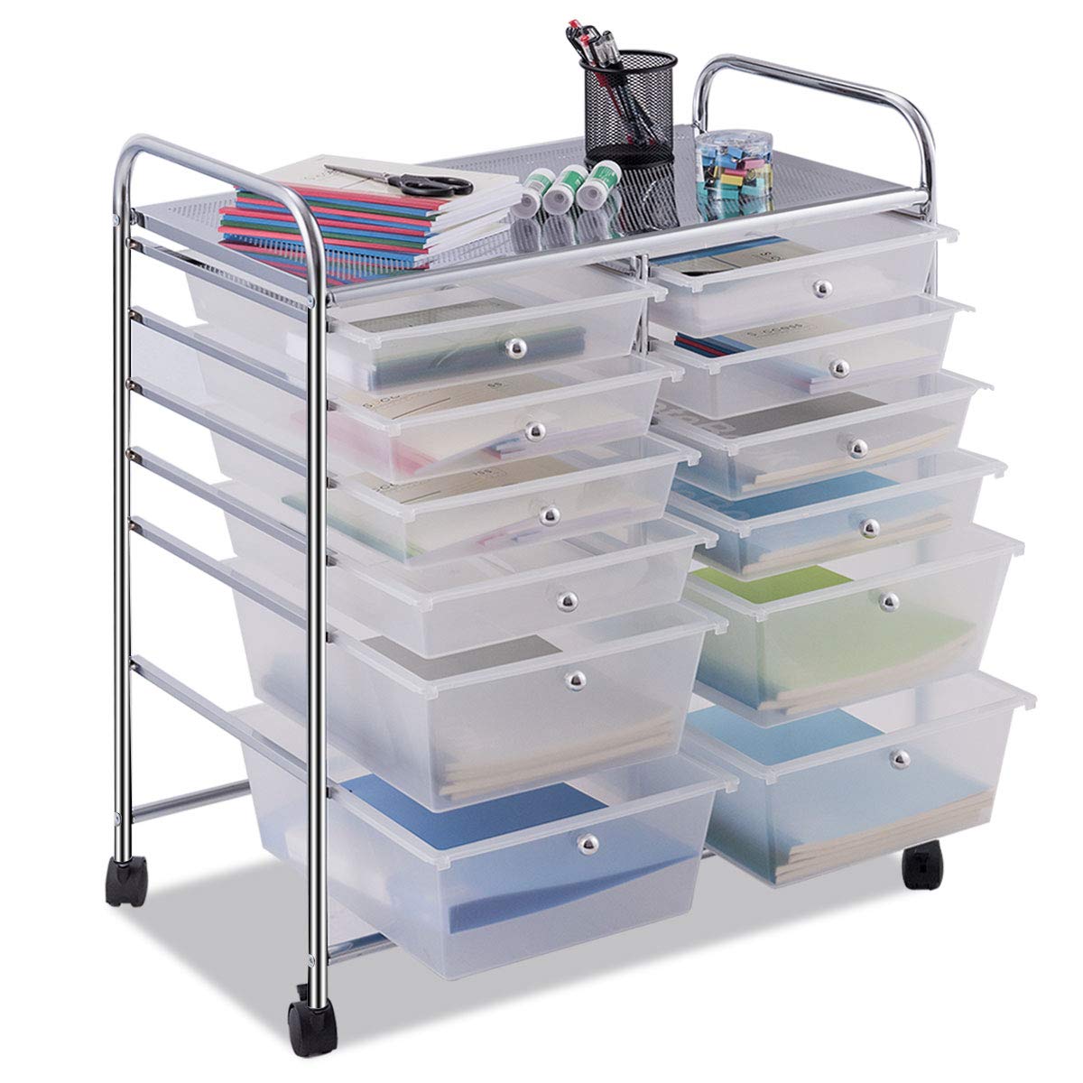 COSTWAY rolling cart with 12 stackable drawers, drawer cart with metal frame and shelf, bathroom cart storage cart for office, living room (Transparent)