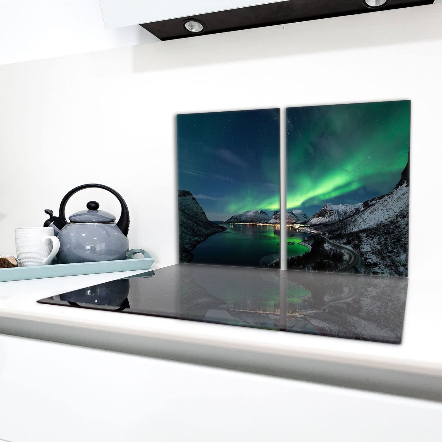 Hob covers set 2x40x52 cm ceramic hob cover glass splash guard cover glass plate hob ceramic cover decoration, Northern Lights mountains
