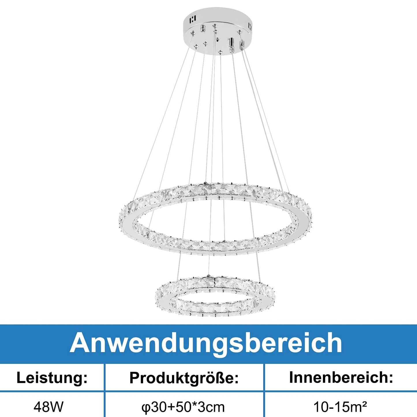 Onforu 48W Modern Crystal LED 2 Ring Design, Creative Chandelier Pendant Light for Bedroom Living Room Dining Room (Dimmable, 48W)