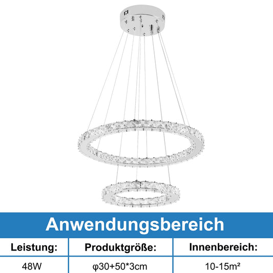 Onforu 48W Modern Crystal LED 2 Ring Design, Creative Chandelier Pendant Light for Bedroom Living Room Dining Room (Dimmable, 48W)