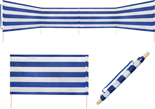 Idena - Blue-white windbreak incl. rubber mallet (white), with wooden poles, carrying strap and securing bands, 80 x 600 cm, privacy screen for beach, camping and garden (800 x 80 cm | incl. rubber mallet)