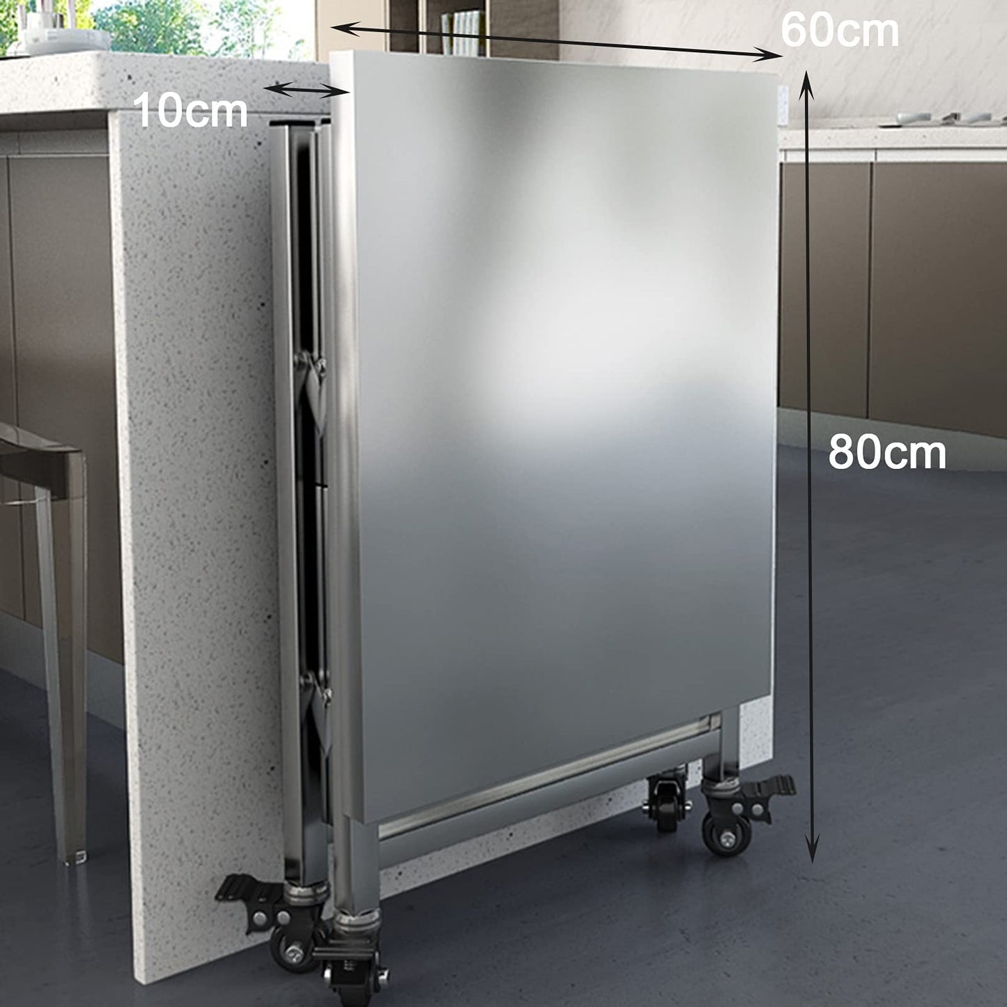 AMSXNOO Stainless Steel Serving Cart, 3 Tier Foldable Serving Cart Stainless Steel Trolley Kitchen Table with 4 Wheels Stainless Steel Food Preparation Table Microwave Holder Space-saving for Kitchen.
