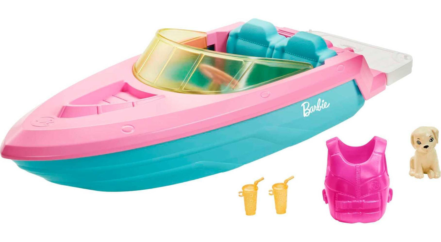 Barbie speedboat, pink life jacket, pink, blue, and white boat, puppy, accessories, dolls, gift for kids, toy for ages 3+,GRG29