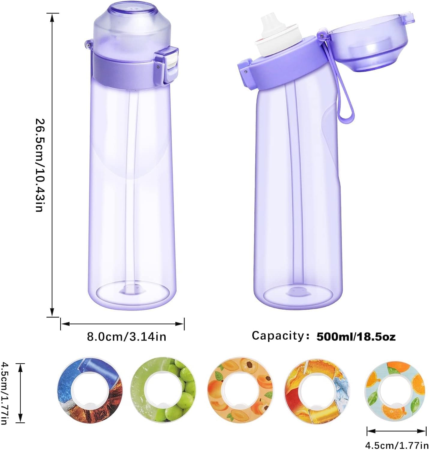 Air-water bottle, BPA-free, 650 ml, fruit-scented, water bottle with 5 flavors, leak-proof, sports water cup with straw, violet.