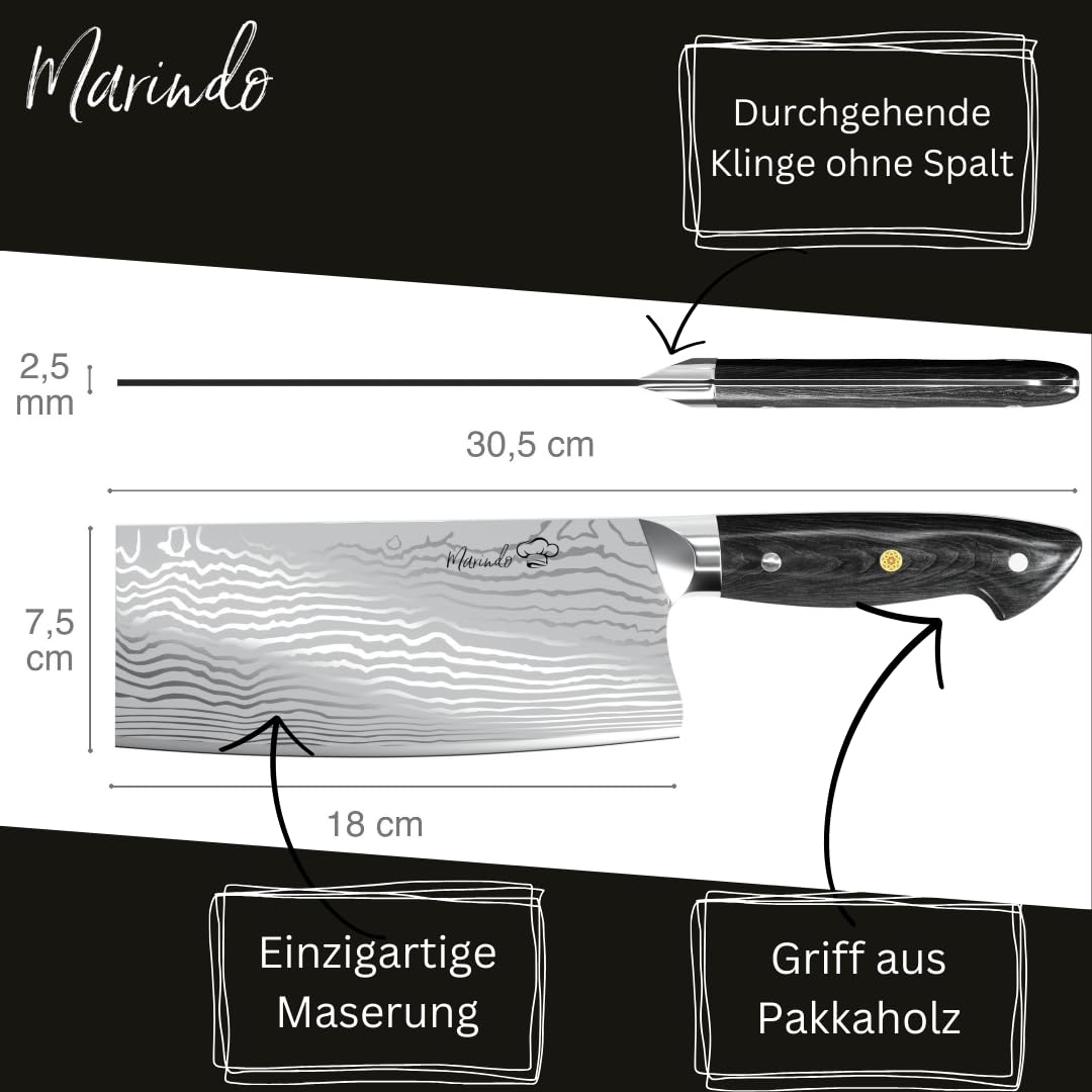 Marindo Chinese chef's knife stainless steel | 18cm blade length | Kitchen cleaver with triple-riveted wooden handle | Chinese cleaver knife | Extremely sharp meat cleaver | Includes gift box